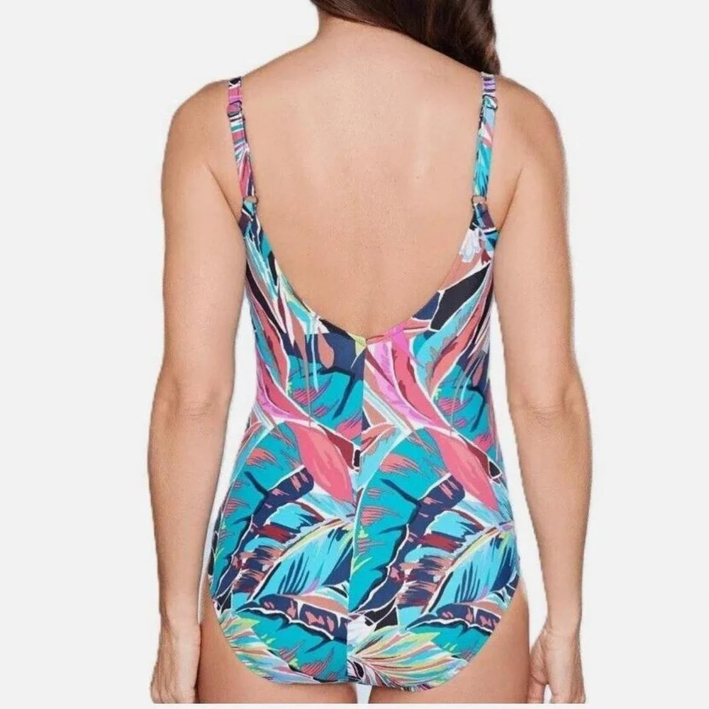 Aqua Green Tropical Print Shirred Side Seams V-Neck 1 Piece Swimsuit